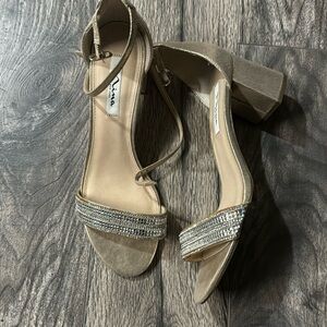 Nina New York block heels, champagne and rhinestones